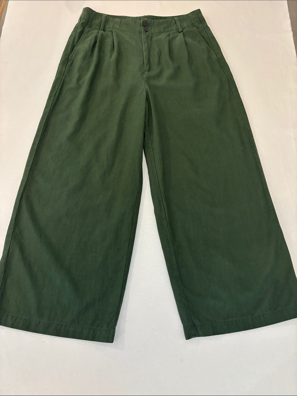 Madewell Army Green Wide-Leg Cropped Cotton Linen Blend Pleated Trousers. 10P